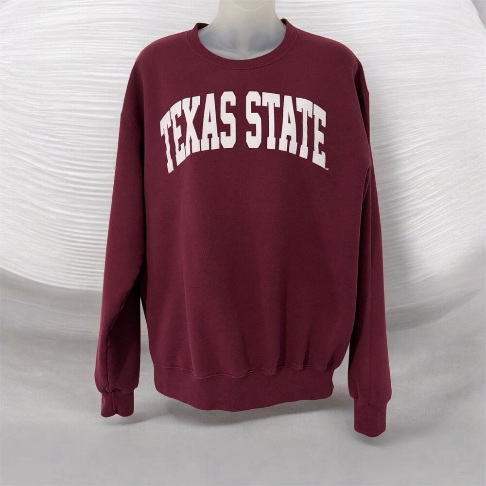 JERZEES Size Medium Sweatshirt Maroon With Arched White "Texas State" Lettering